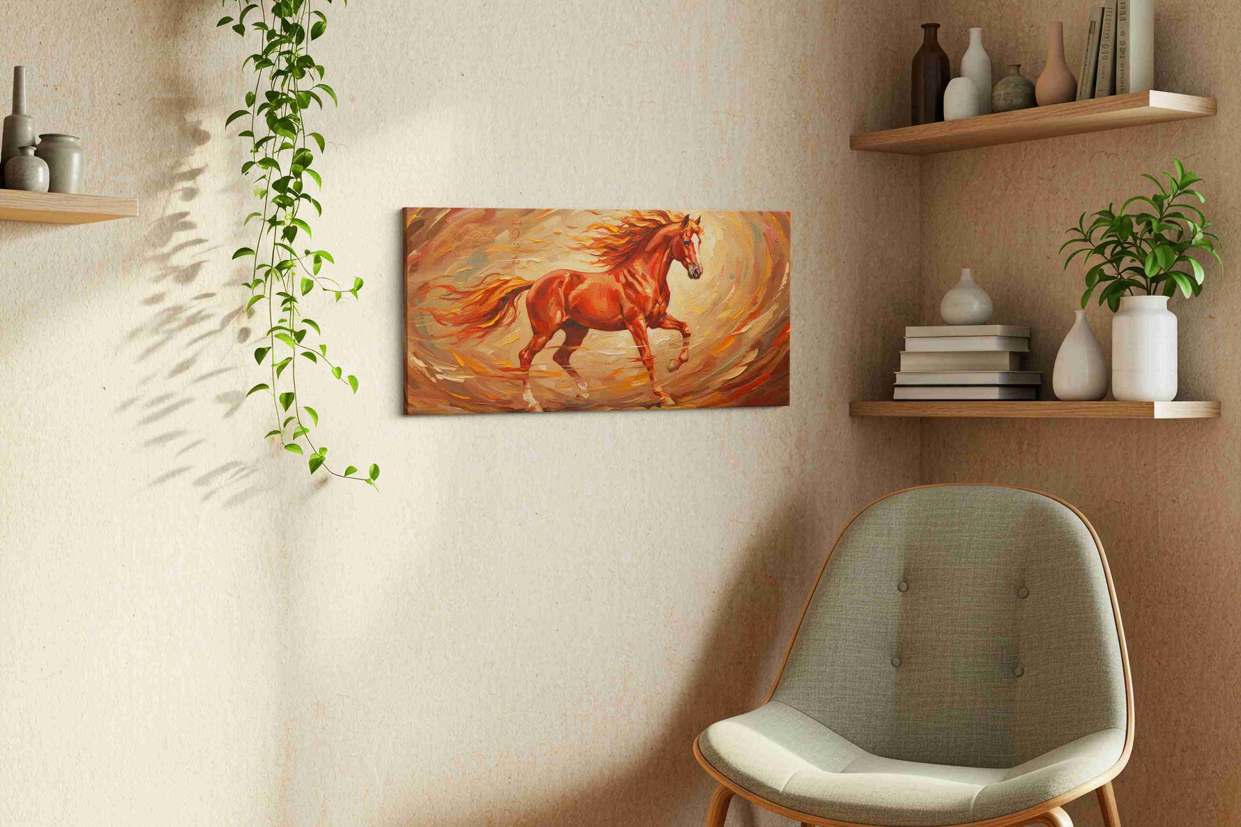 Flame-Hued Gallop horses canvas print, displayed in a living room