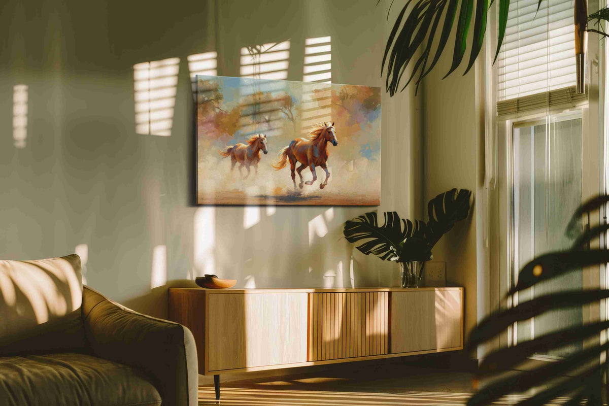 Gallop Through the Morning Mist horses canvas print styled in a living room