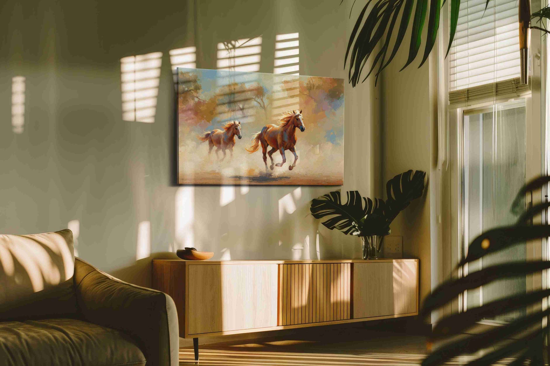 Gallop Through the Morning Mist horses canvas print styled in a living room