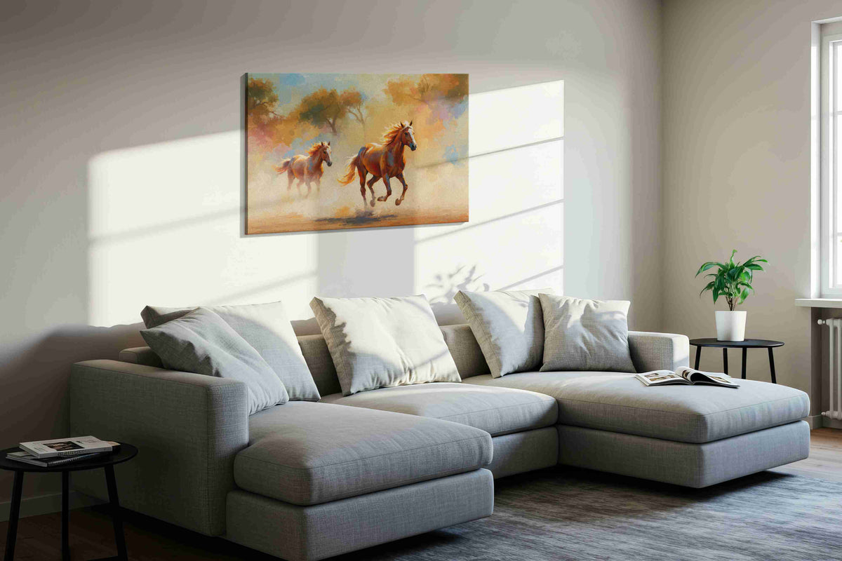 Gallop in the Golden Breeze horses canvas print, displayed in a living room