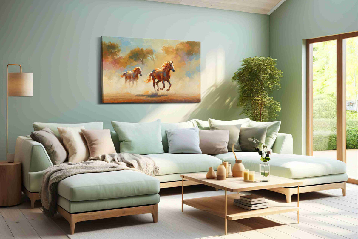 Gallop in the Golden Breeze horses canvas print shown in a wall scene