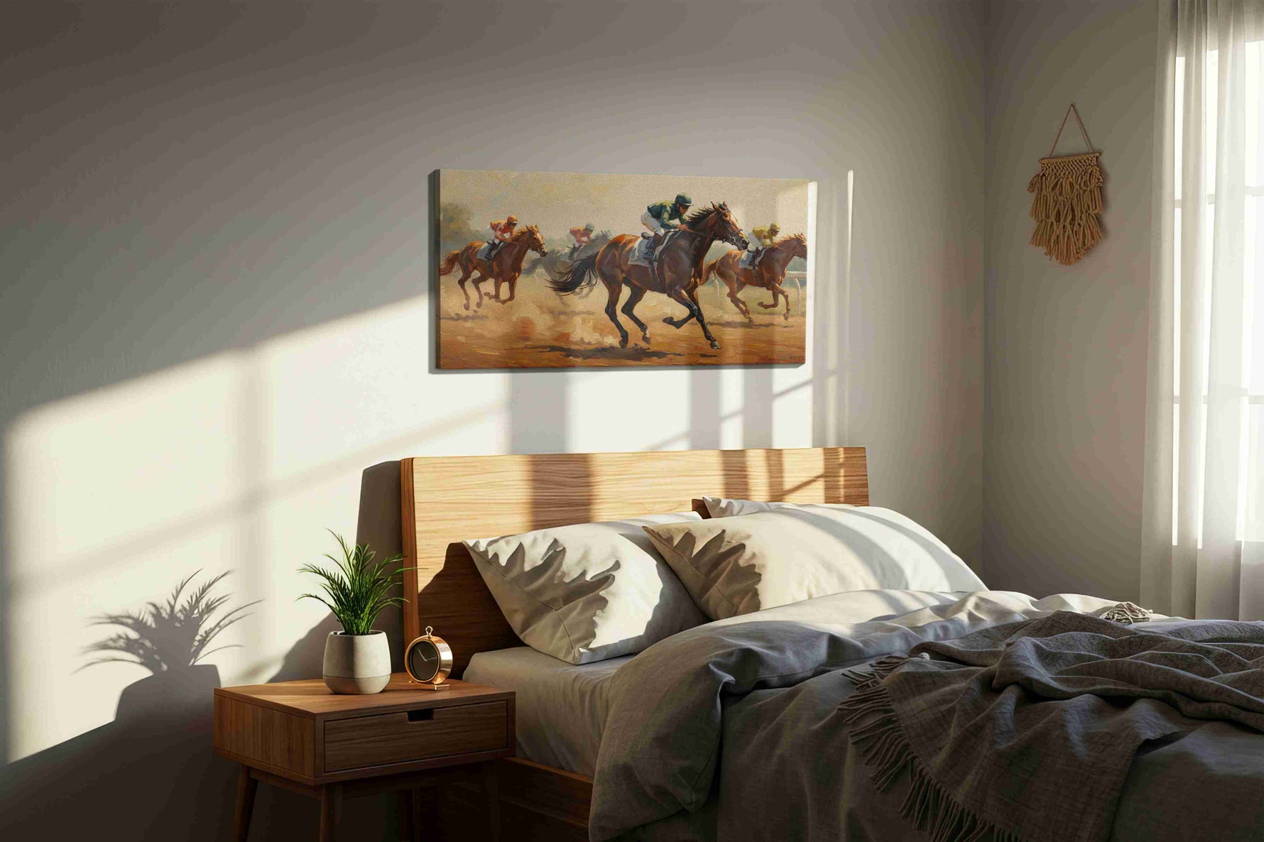 Gallop of Champions horses canvas print, displayed in a bedroom