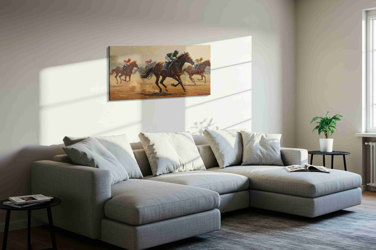 Gallop of Champions horses canvas print, displayed in a living room