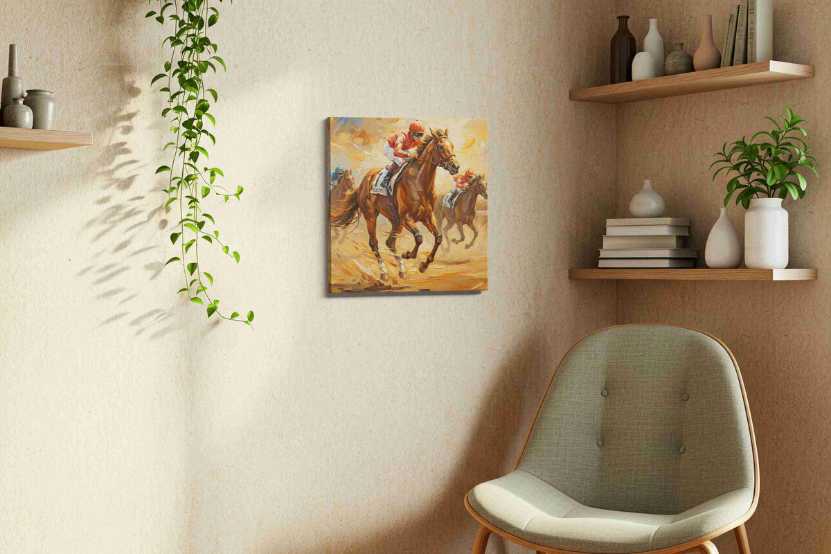 Gallop of Champions III horses canvas print, displayed in a living room