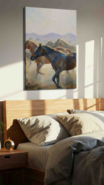 Gallop of Dawn horses canvas print, displayed in a bedroom