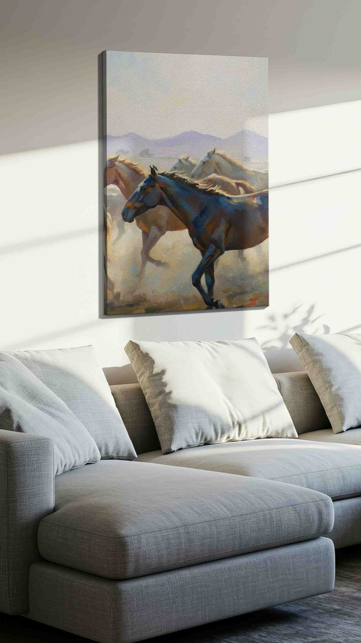 Gallop of Dawn horses canvas print, displayed in a living room