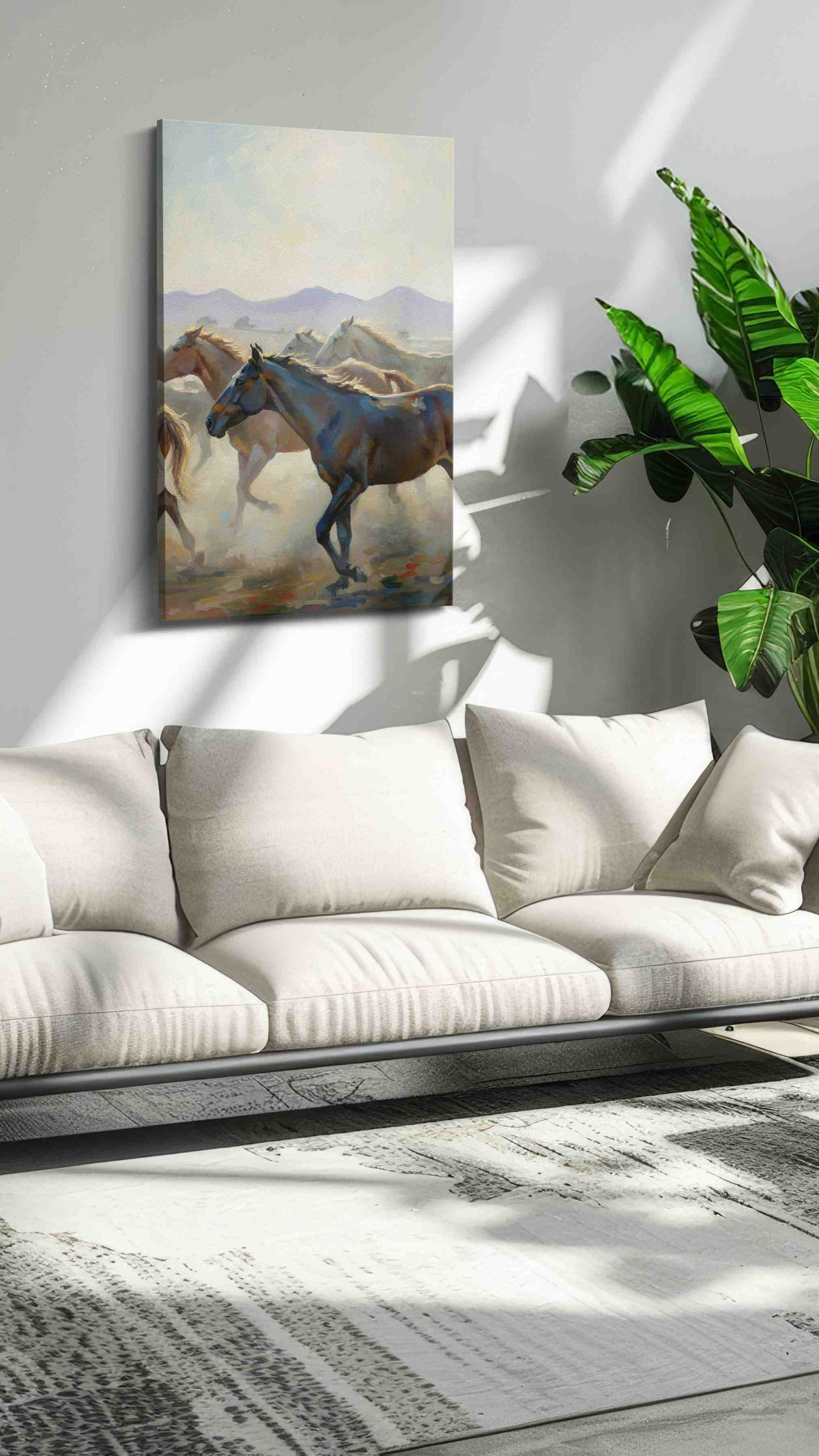 Gallop of Dawn horses canvas print in a modern interior mockup