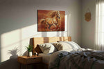 Gallop of Golden Freedom horses canvas print, displayed in a bedroom