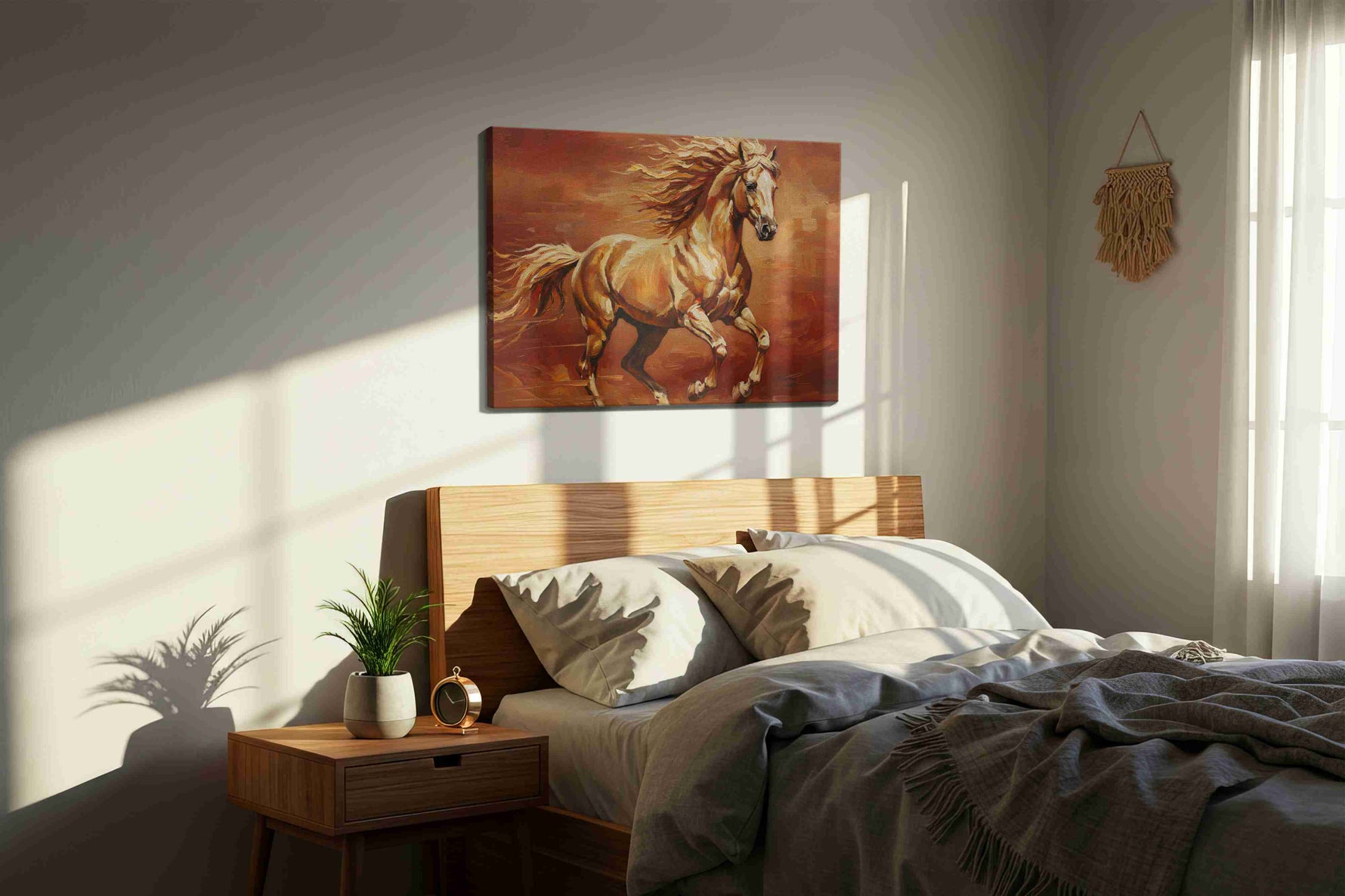 Gallop of Golden Freedom horses canvas print, displayed in a bedroom