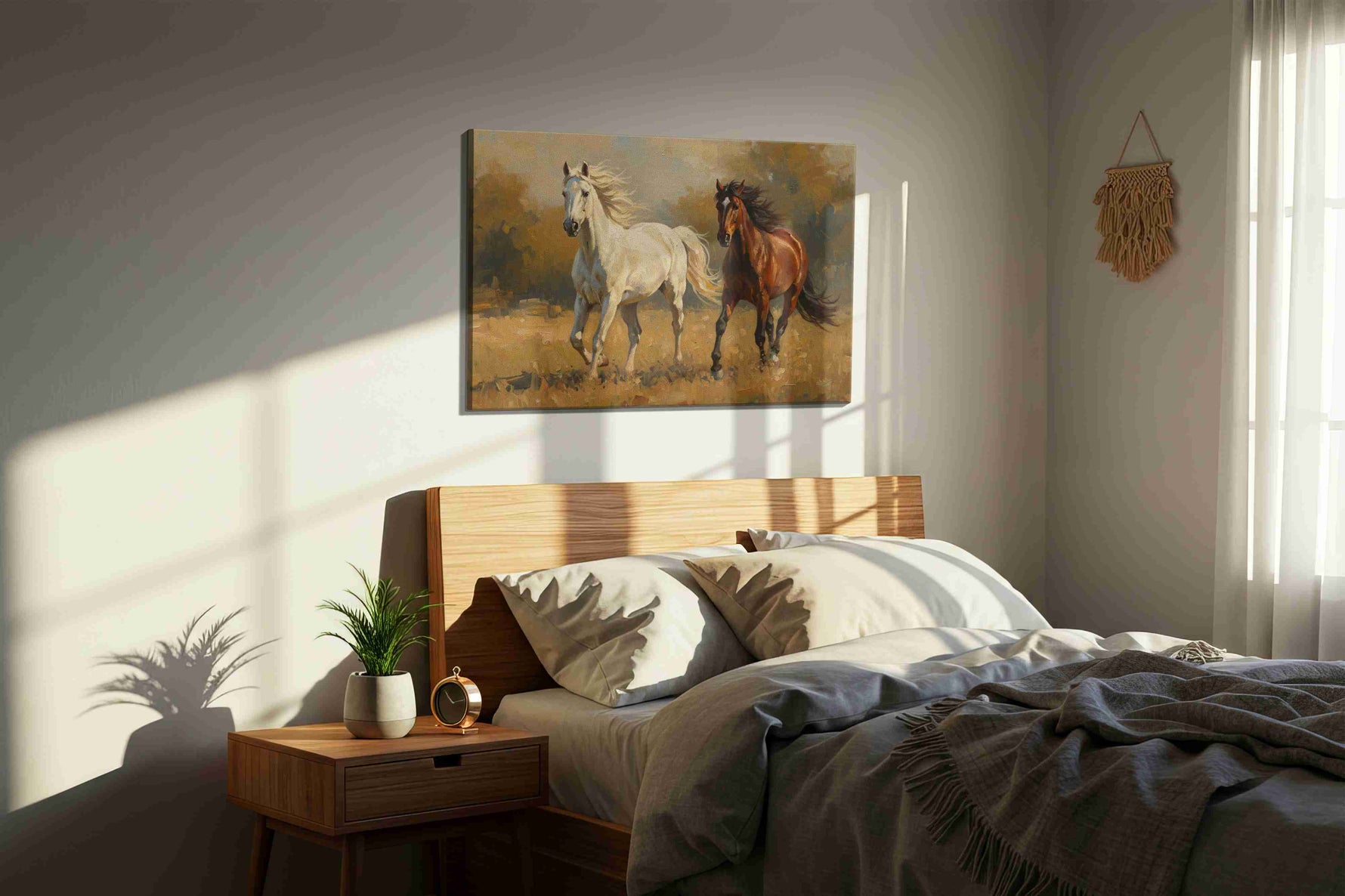 Gallop of Grace and Strength horses canvas print, displayed in a bedroom