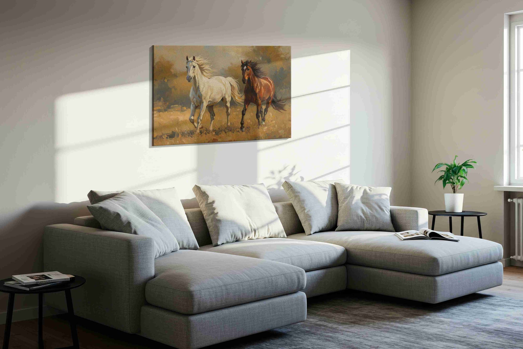 Gallop of Grace and Strength horses canvas print, displayed in a living room