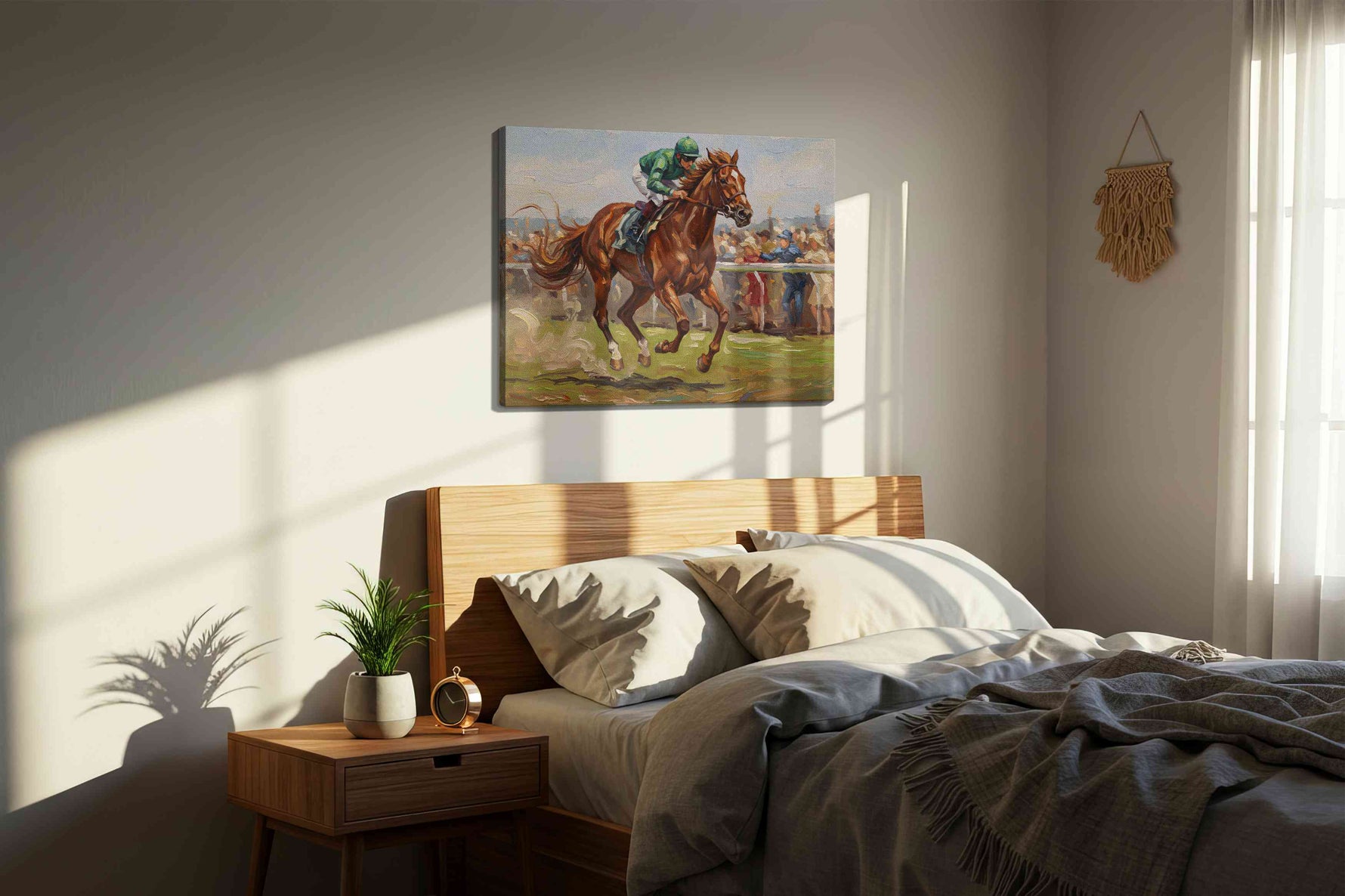 Gallop of Triumph III horses canvas print, displayed in a bedroom