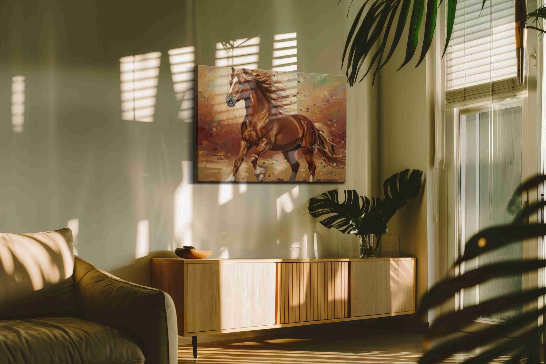 Gallop of the Autumn Breeze horses canvas print, hanging on wall — in a hung canvas mockup