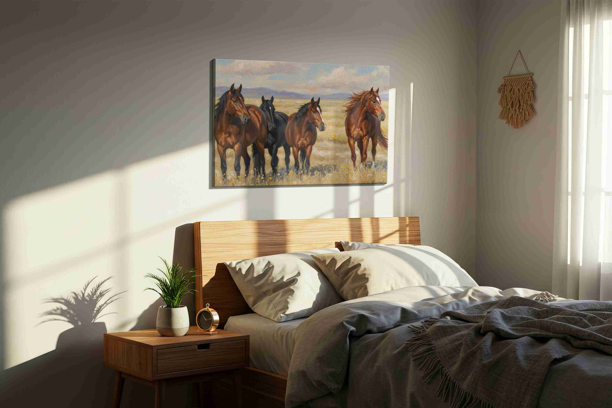 Gallop of the Wild Plains horses canvas print, displayed in a bedroom