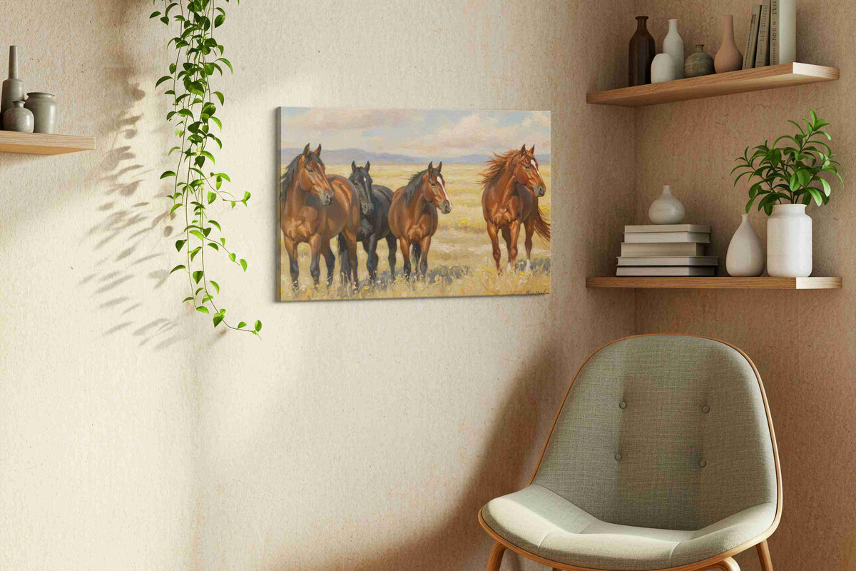 Gallop of the Wild Plains horses canvas print, displayed in a living room