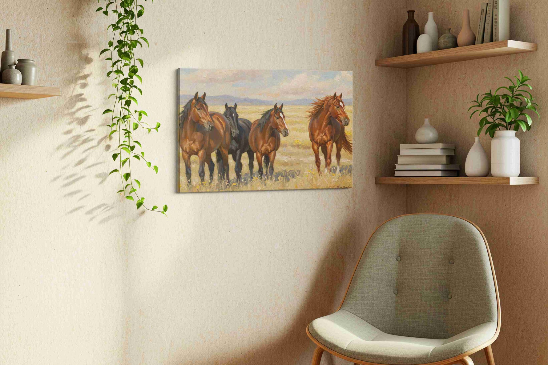 Gallop of the Wild Plains horses canvas print, displayed in a living room