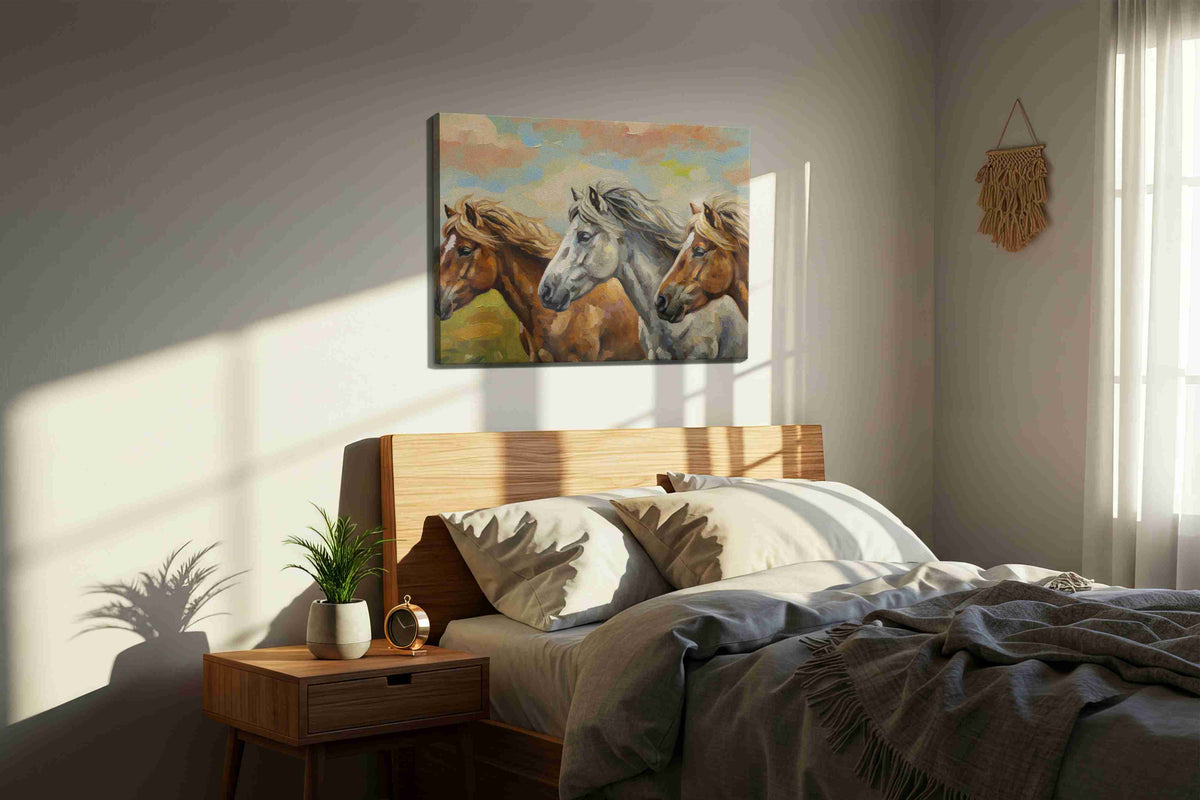 Gallop of the Windswept Trio horses canvas print, displayed in a bedroom