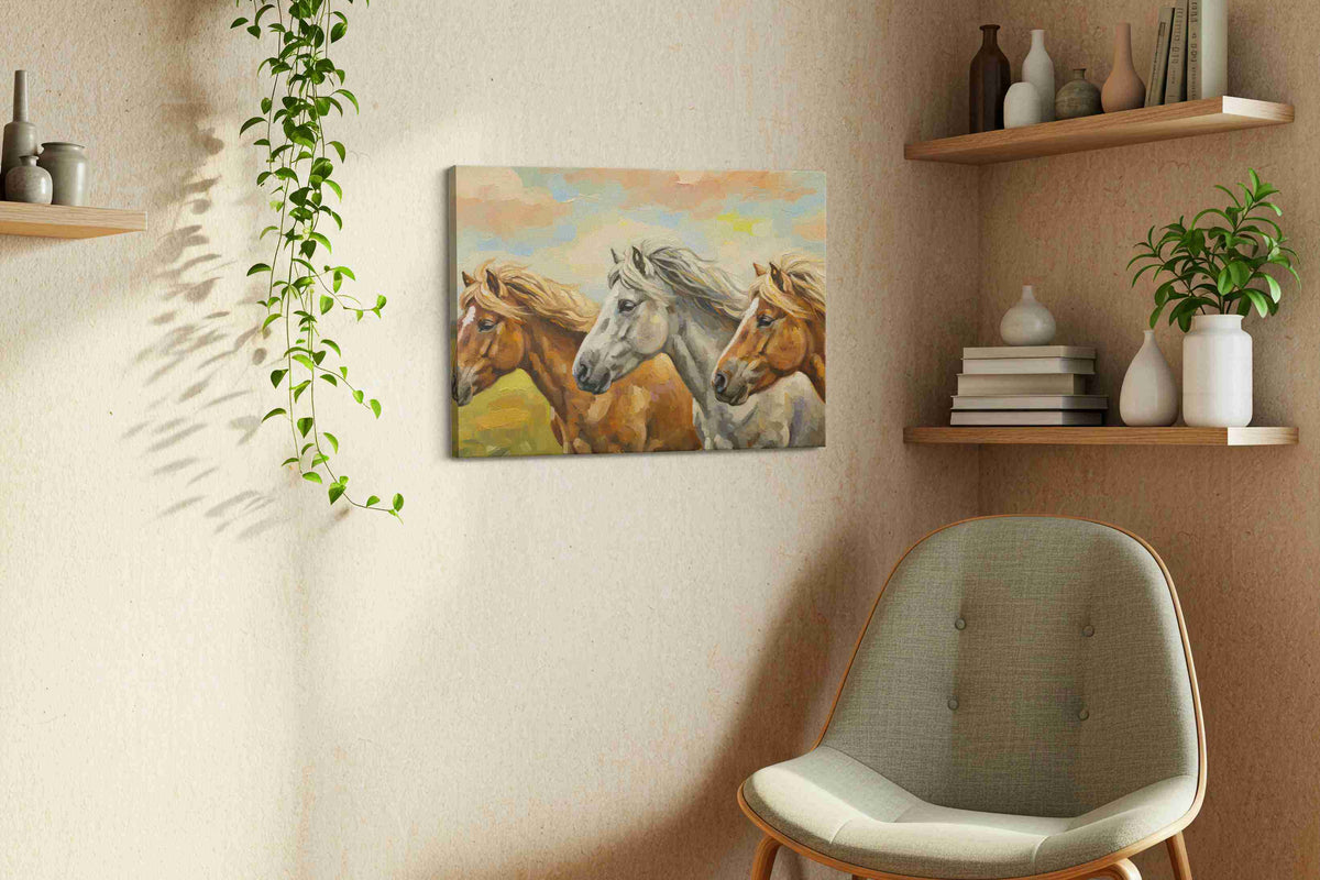 Gallop of the Windswept Trio horses canvas print, hanging on wall