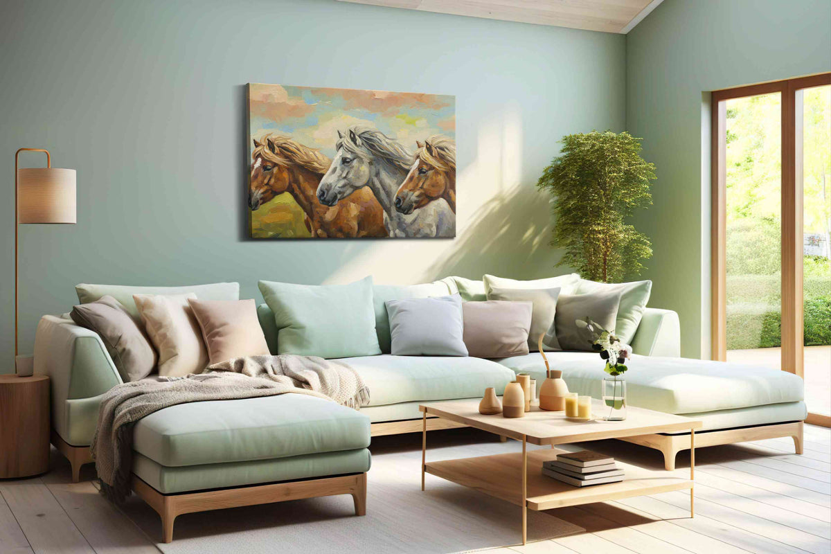 Gallop of the Windswept Trio horses canvas print shown in a wall scene