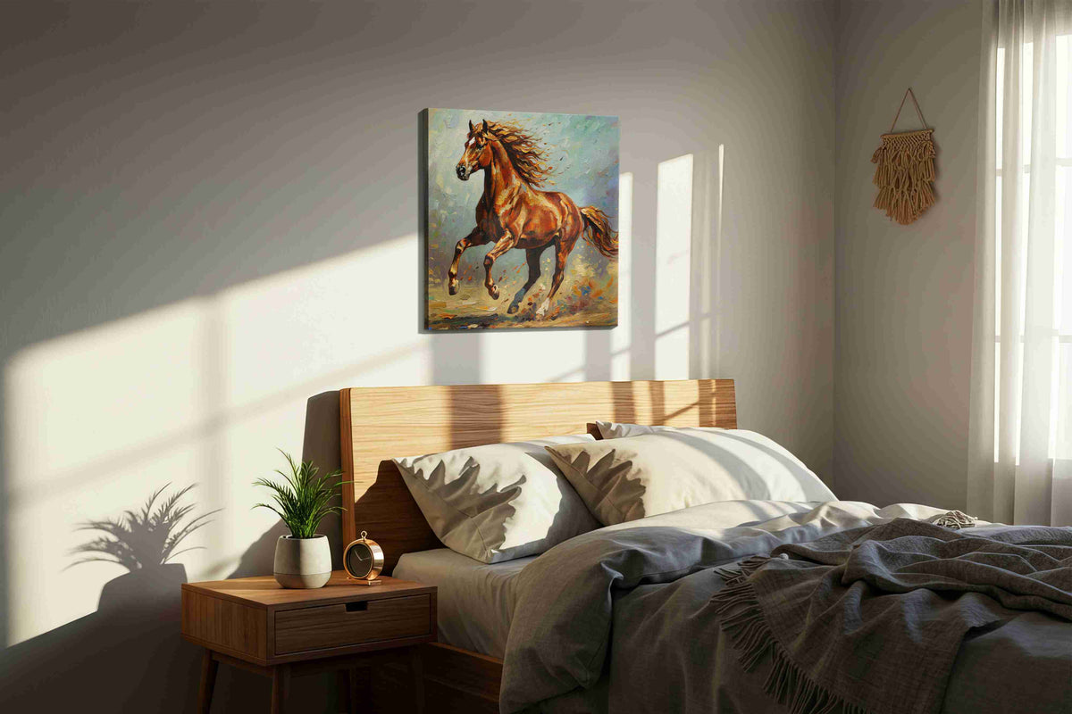 Galloping Grace in Motion horses canvas print, displayed in a bedroom