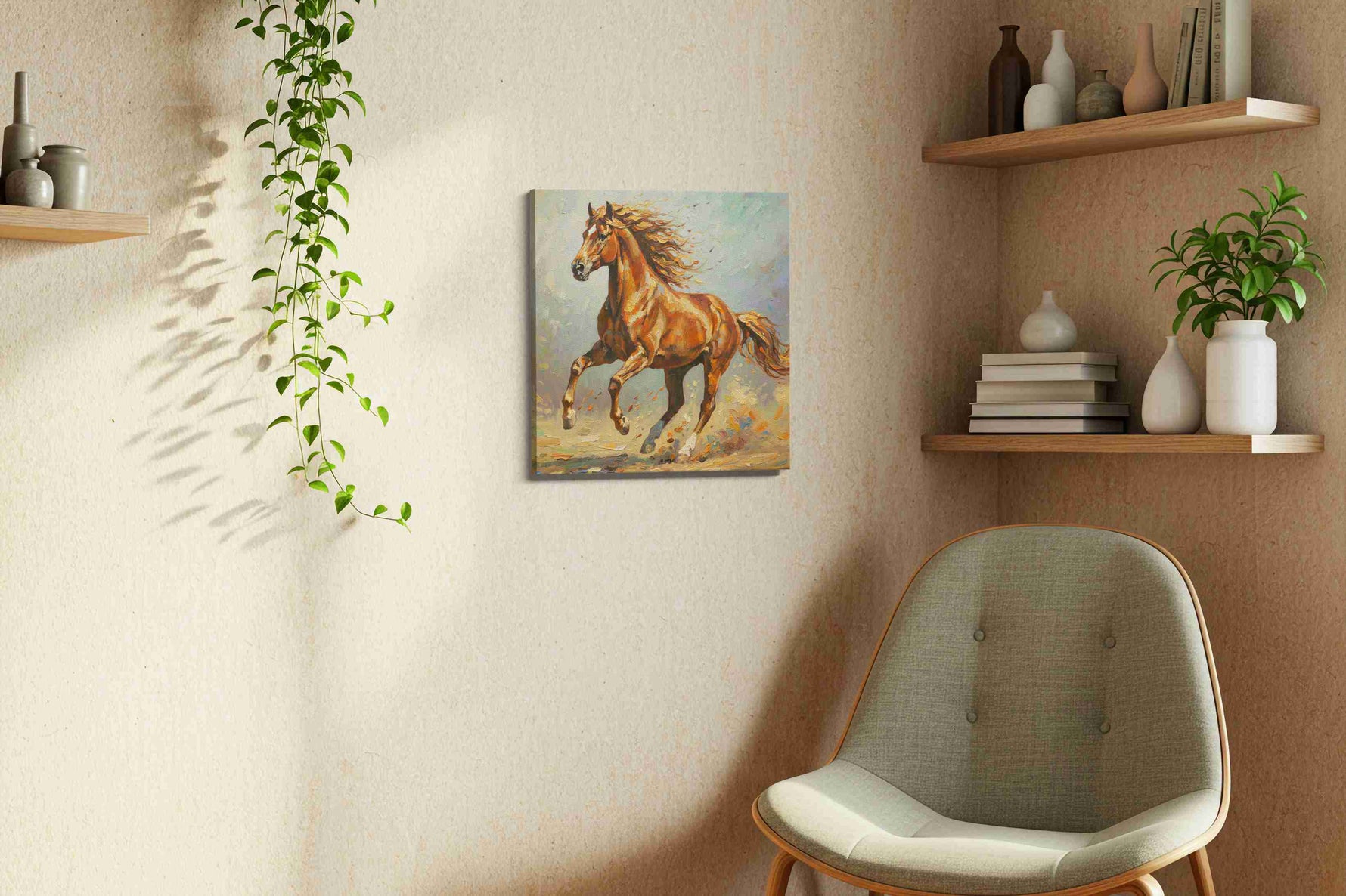 Galloping Grace in Motion horses canvas print, displayed in a living room