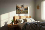 Galloping Sunrise Serenade horses canvas print, displayed in a bedroom