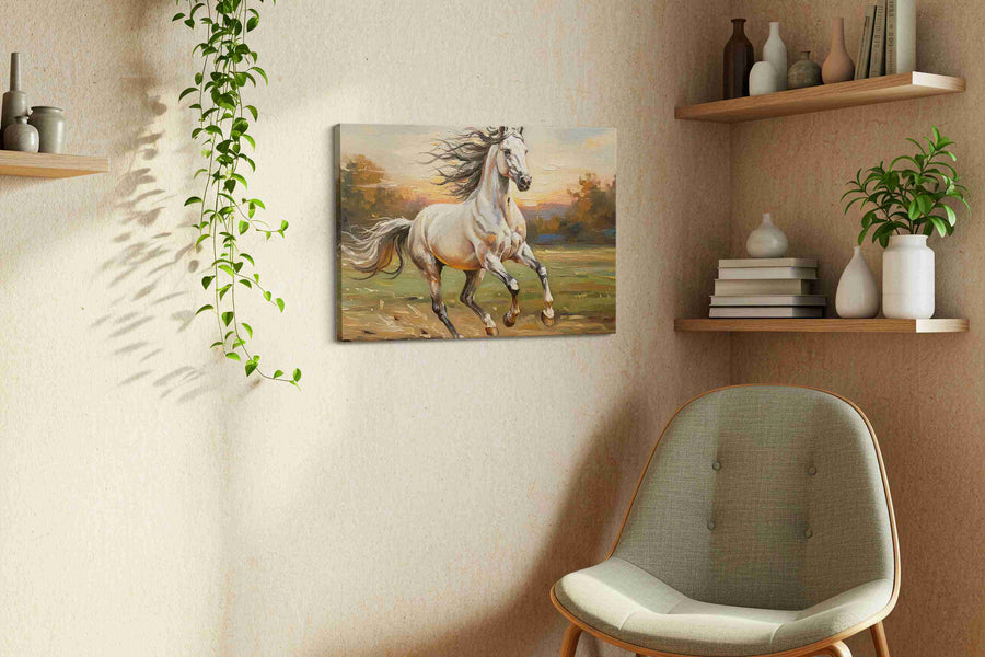 Galloping Sunrise Serenade horses canvas print, displayed in a living room