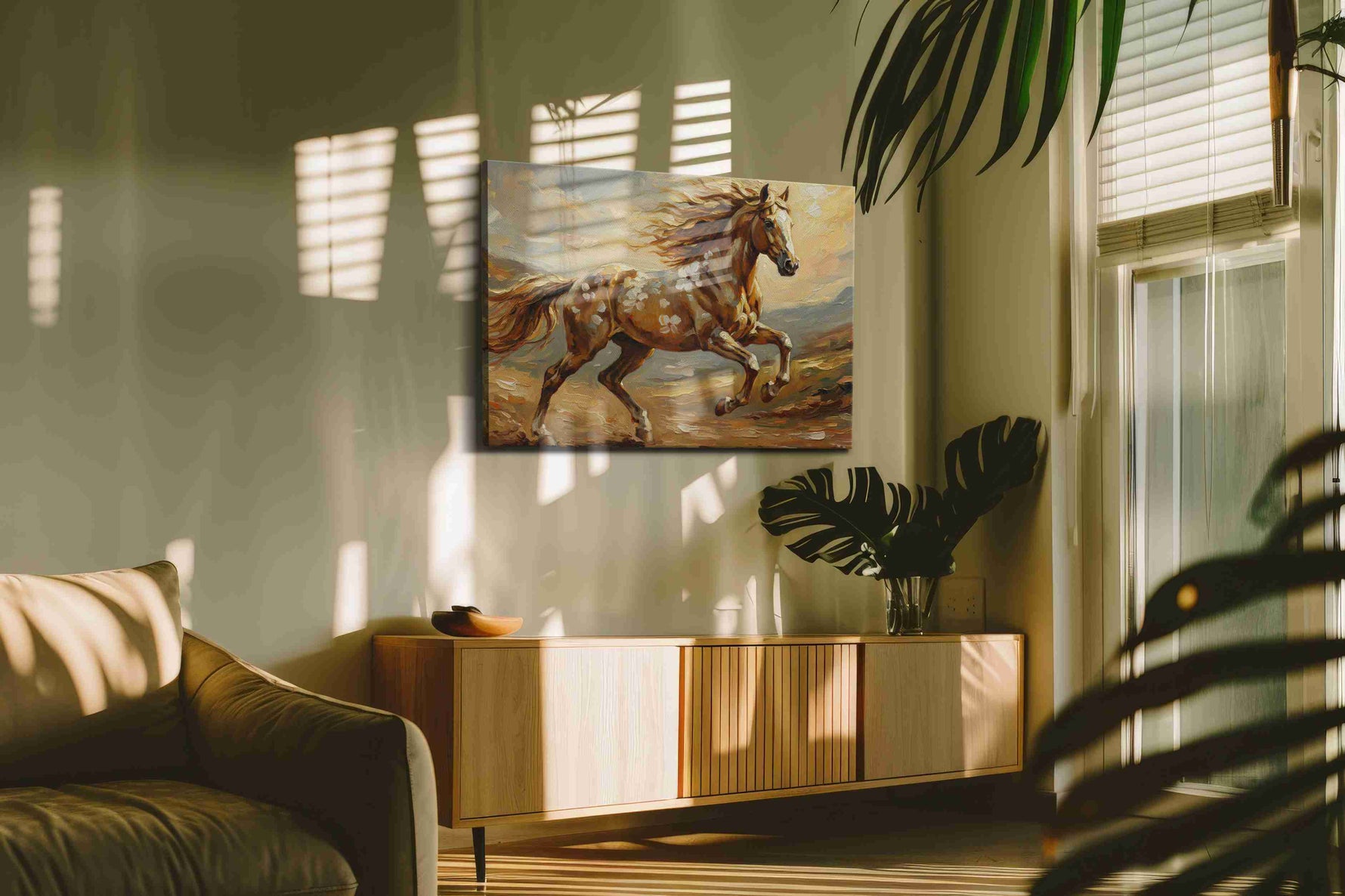 Galloping Through Sunlit Fields horses canvas print styled in a living room