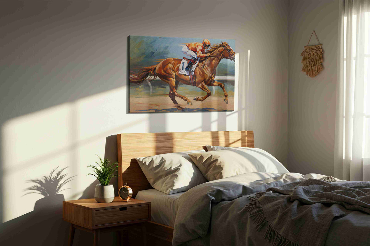 Galloping Thunder horses canvas print, displayed in a bedroom