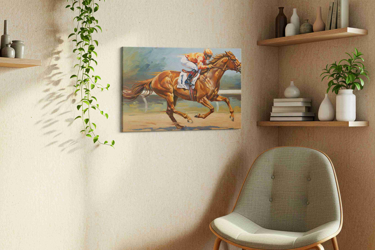 Galloping Thunder horses canvas print, displayed in a living room