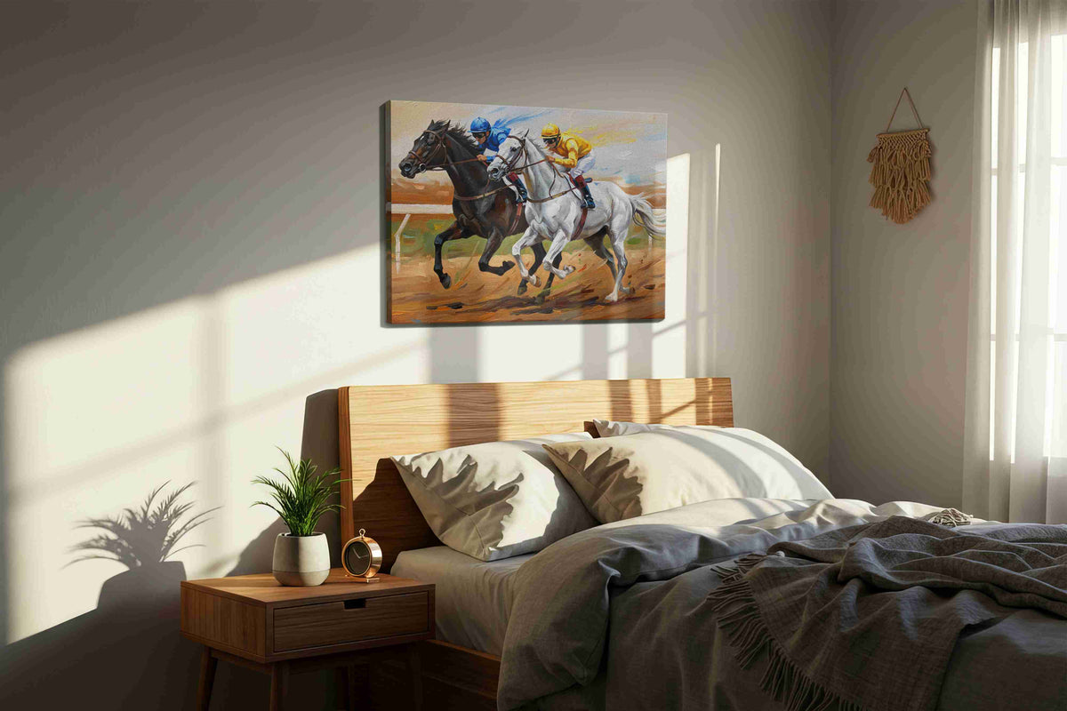 Galloping Thunderstorm horses canvas print, displayed in a bedroom