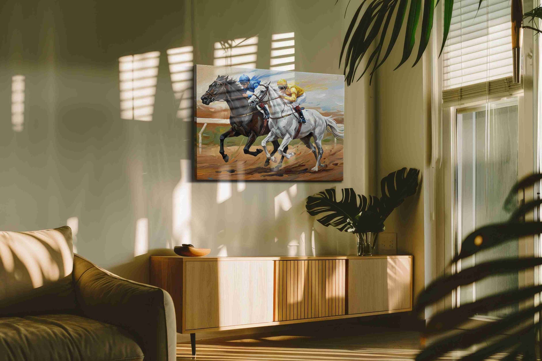 Galloping Thunderstorm horses canvas print in a contemporary interior mockup