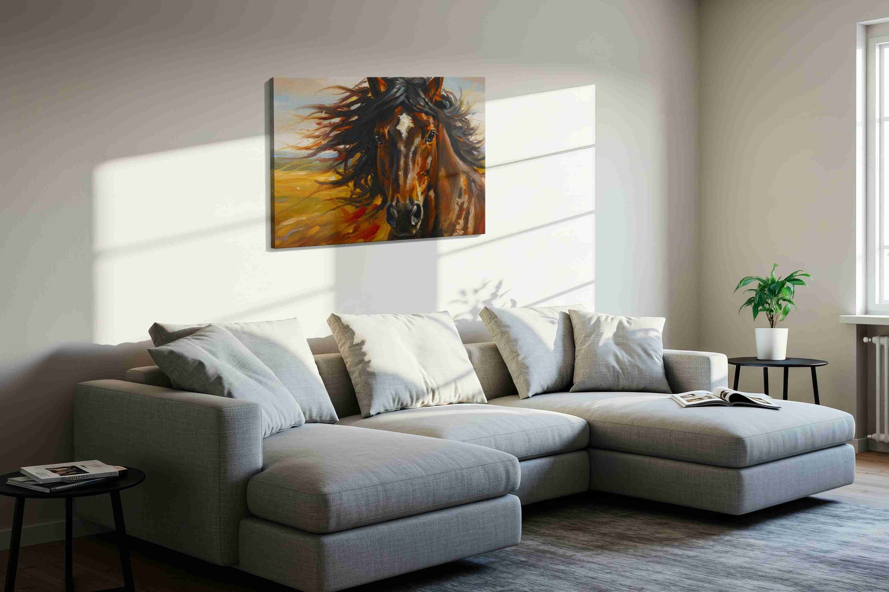 Galloping Zephyr horses canvas print in a living room scene