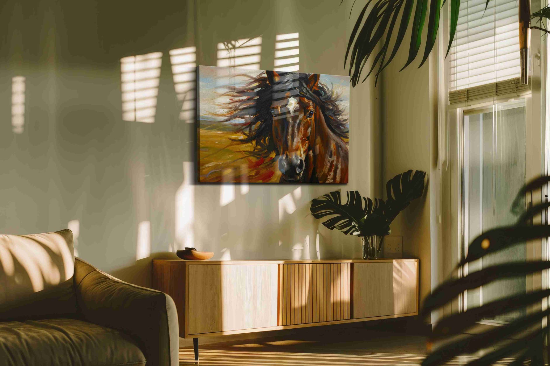 Galloping Zephyr horses canvas print in a contemporary interior mockup