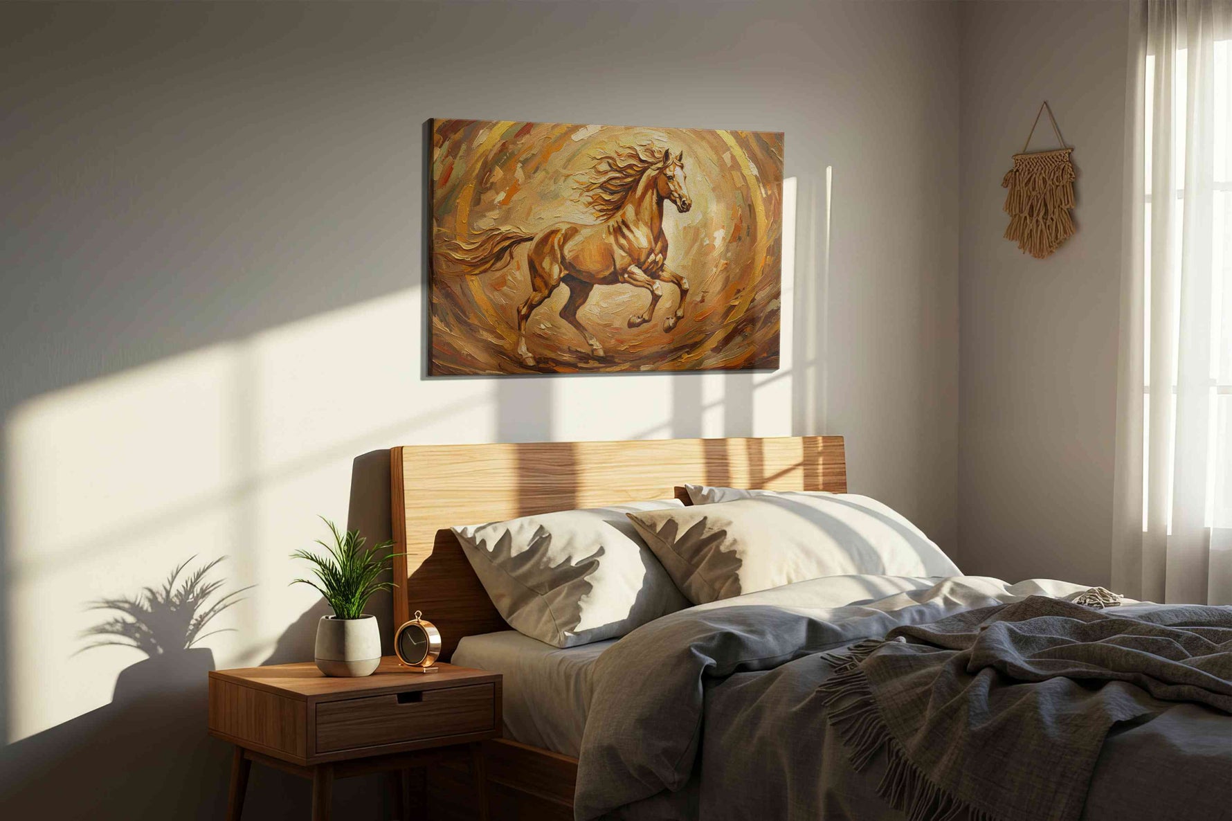 Golden Gallop in Motion horses canvas print, displayed in a bedroom