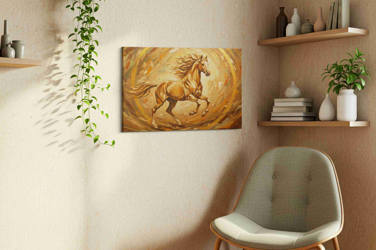 Golden Gallop in Motion horses canvas print, displayed in a living room