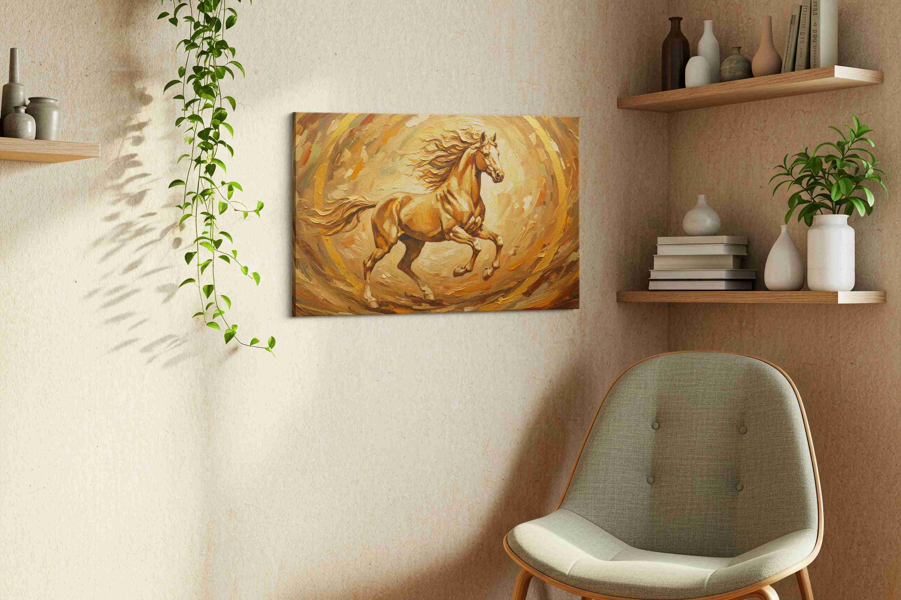 Golden Gallop in Motion horses canvas print, displayed in a living room