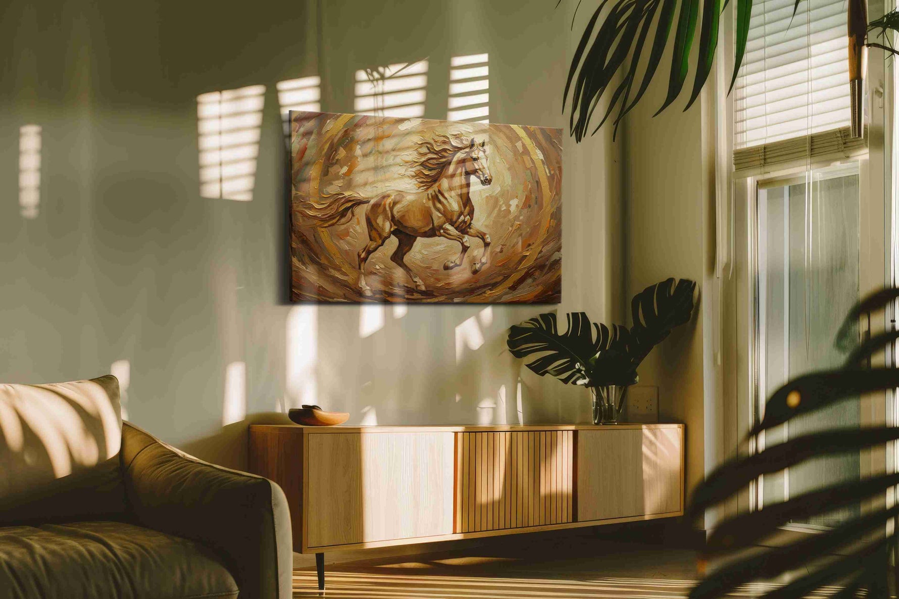 Golden Gallop in Motion horses canvas print in a hung canvas mockup
