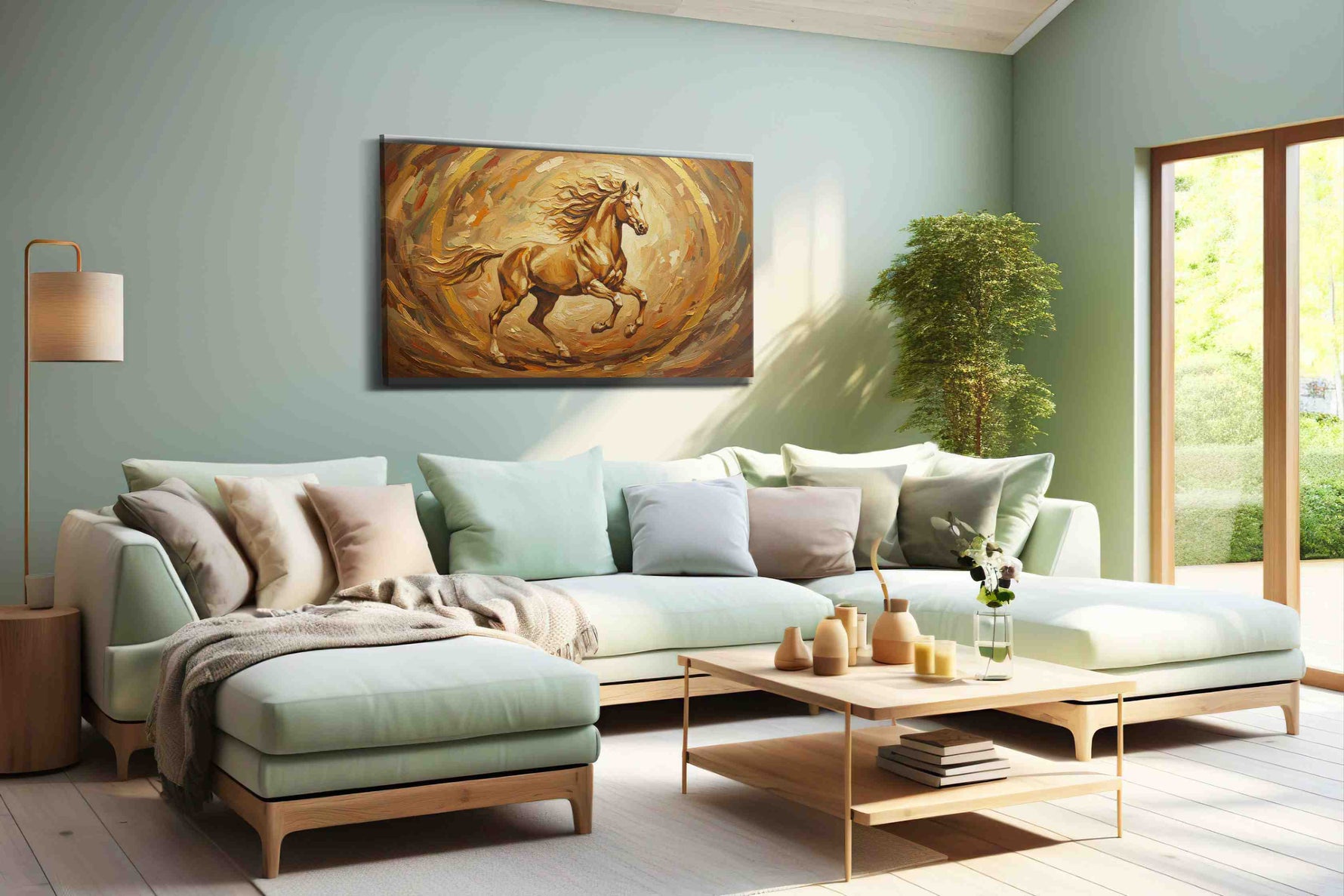 Golden Gallop in Motion horses canvas print, hanging on wall