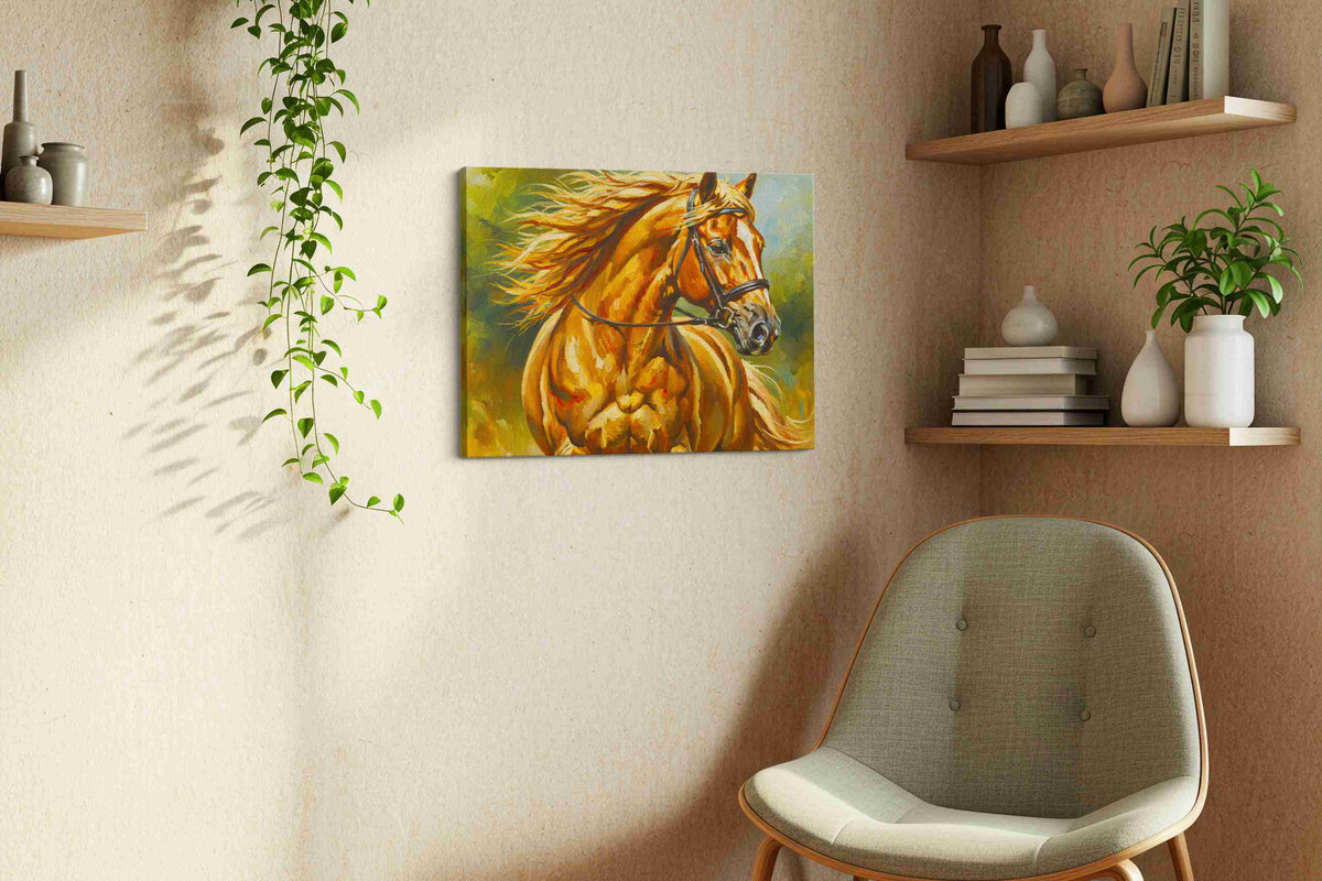 Golden Majesty Gallop horses canvas print styled in a living room