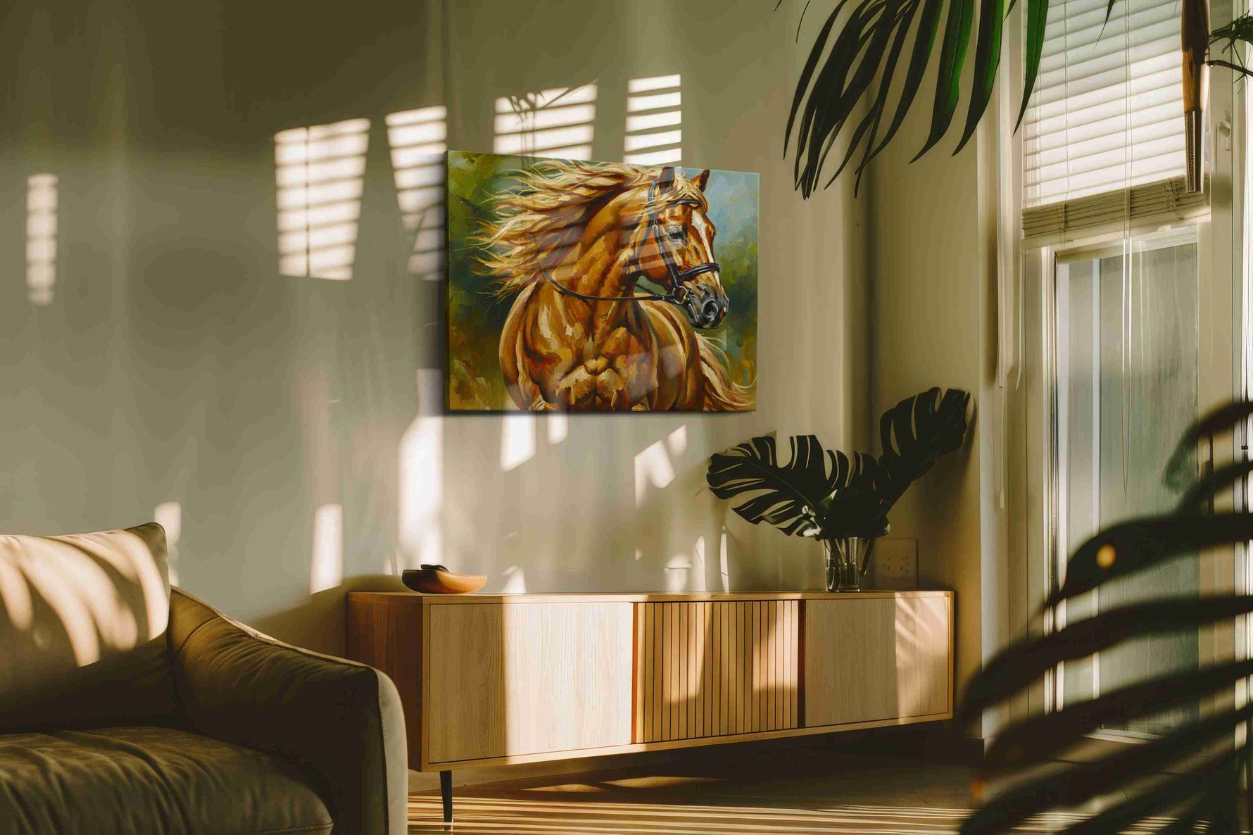 Golden Majesty Gallop horses canvas print in a contemporary interior mockup