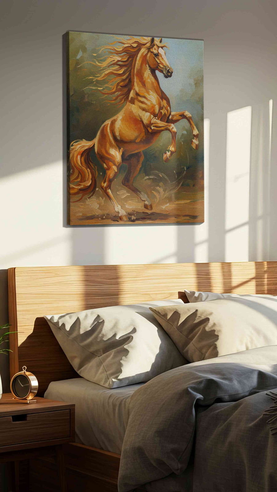 Majestic Equine Dance horses canvas print, displayed in a bedroom