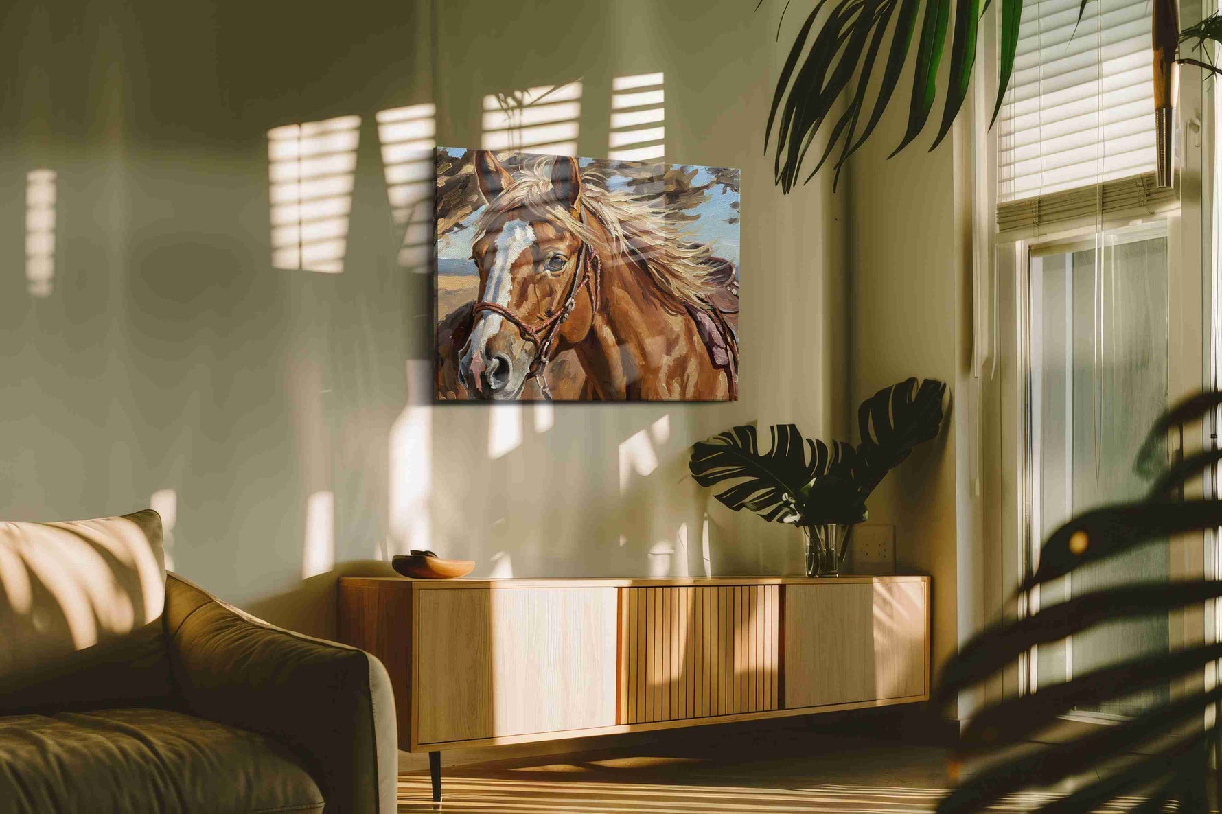 Majestic Gallop in the Breeze horses canvas print, hanging on wall