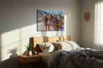 Majestic Winter Journey horses canvas print, displayed in a bedroom