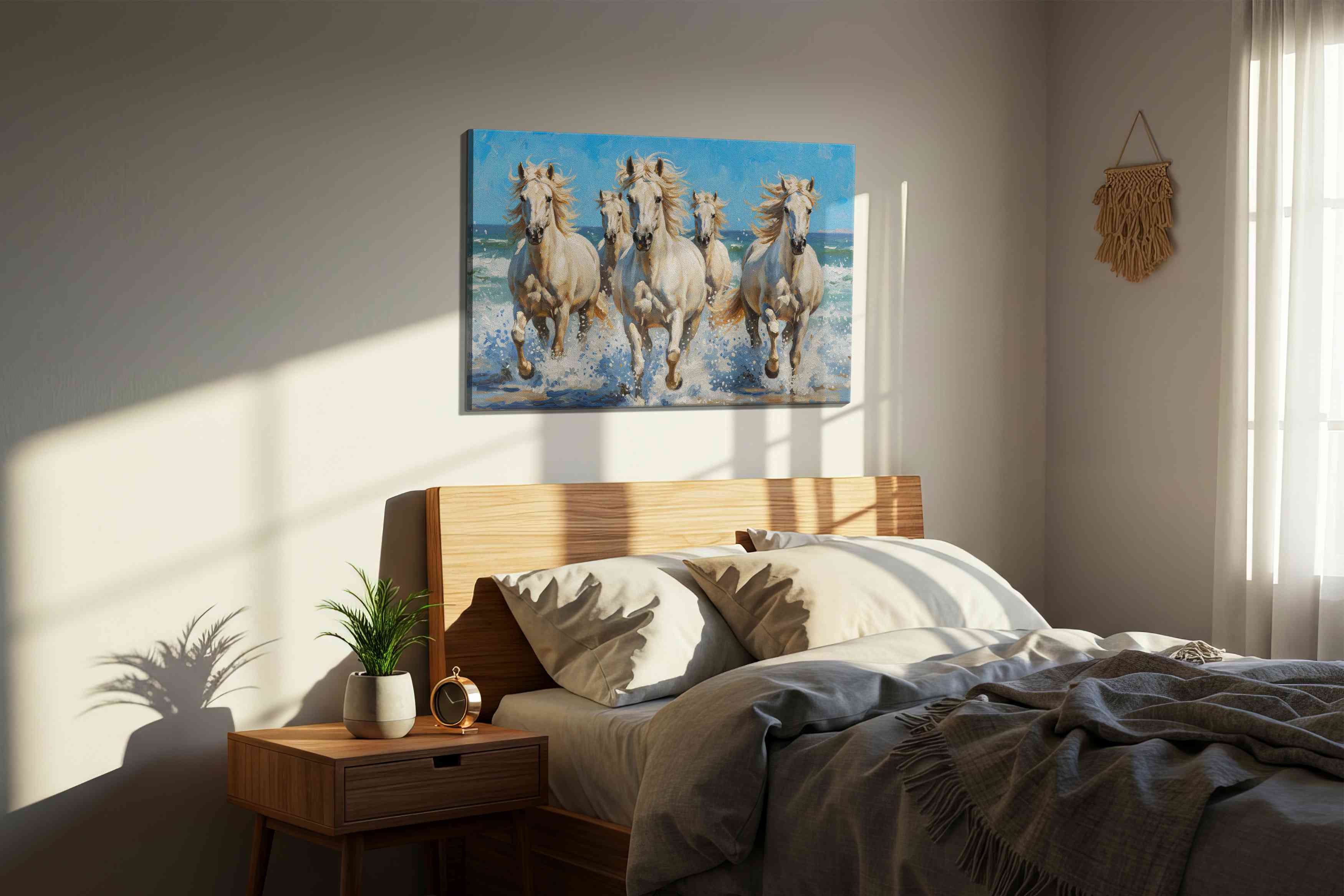 Ocean Gallop Symphony horses canvas print, displayed in a bedroom