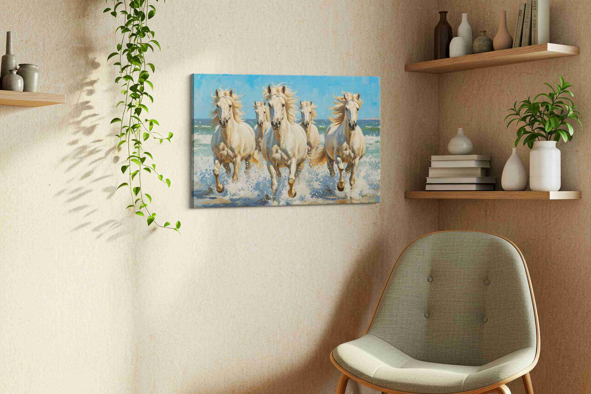 Ocean Gallop Symphony horses canvas print, displayed in a living room
