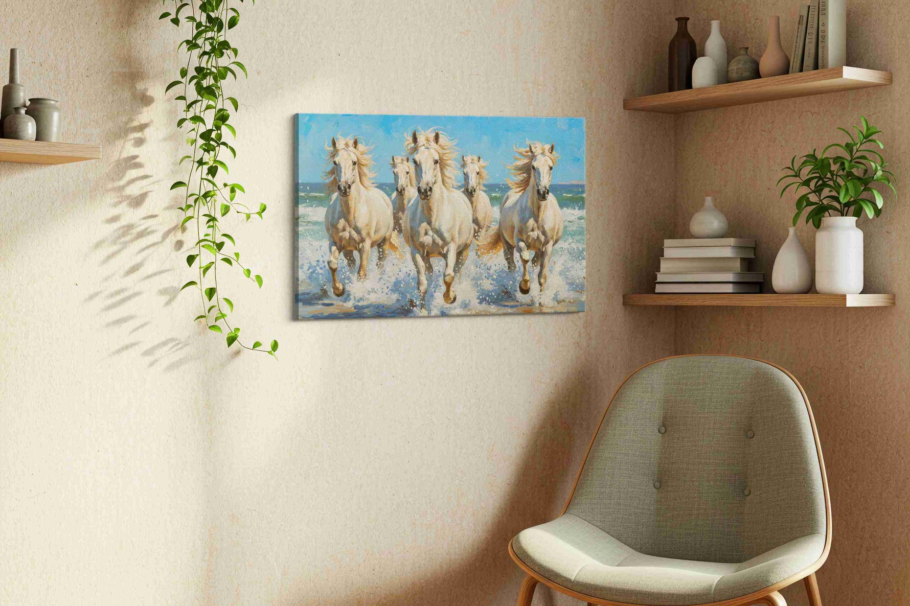 Ocean Gallop Symphony horses canvas print, displayed in a living room