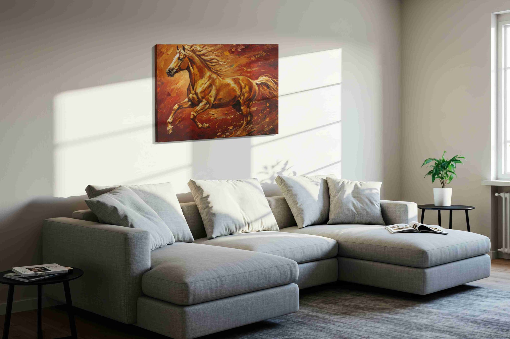 Spirit of the Fiery Stallion horses canvas print, displayed in a living room
