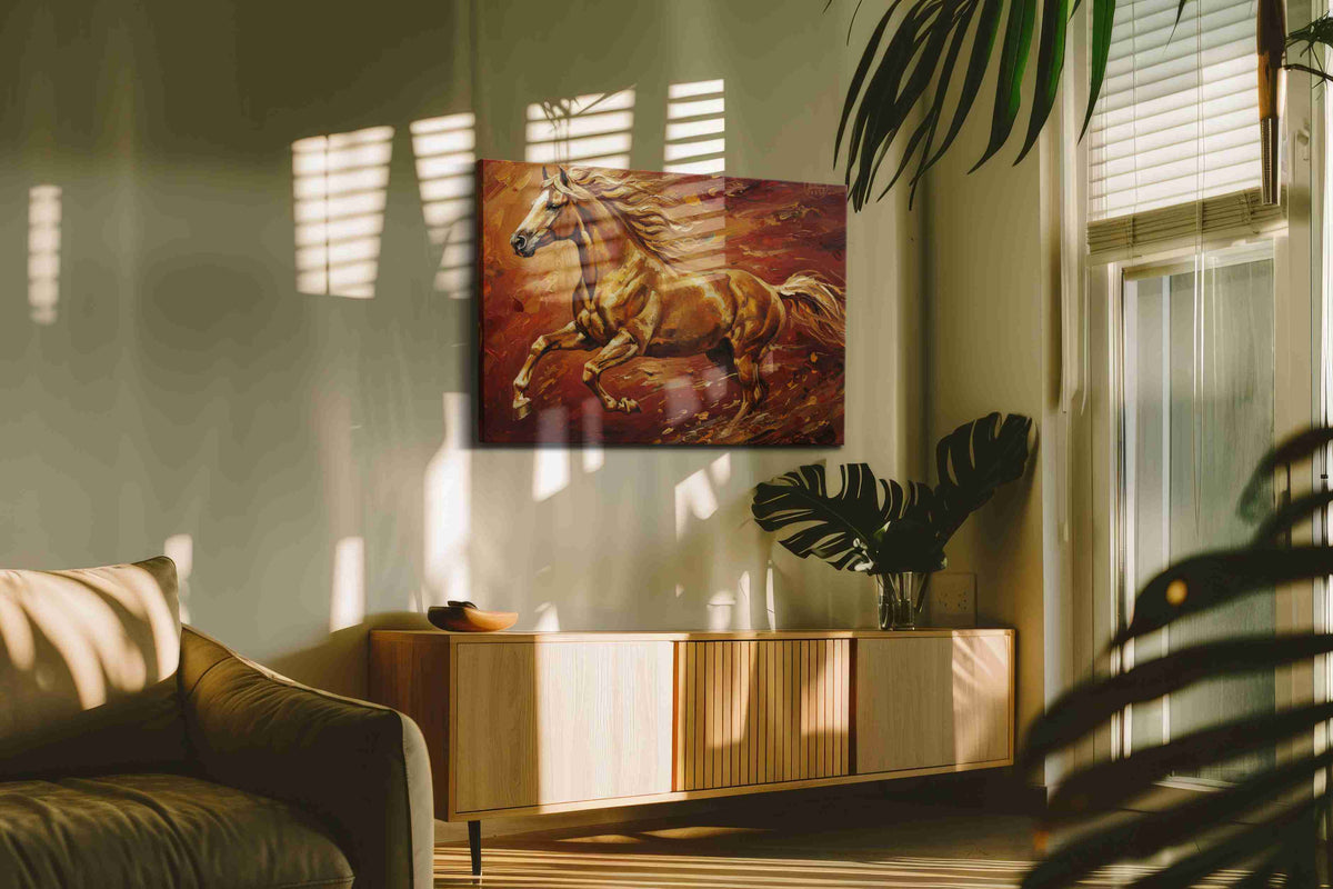 Spirit of the Fiery Stallion horses canvas print in a hung canvas mockup
