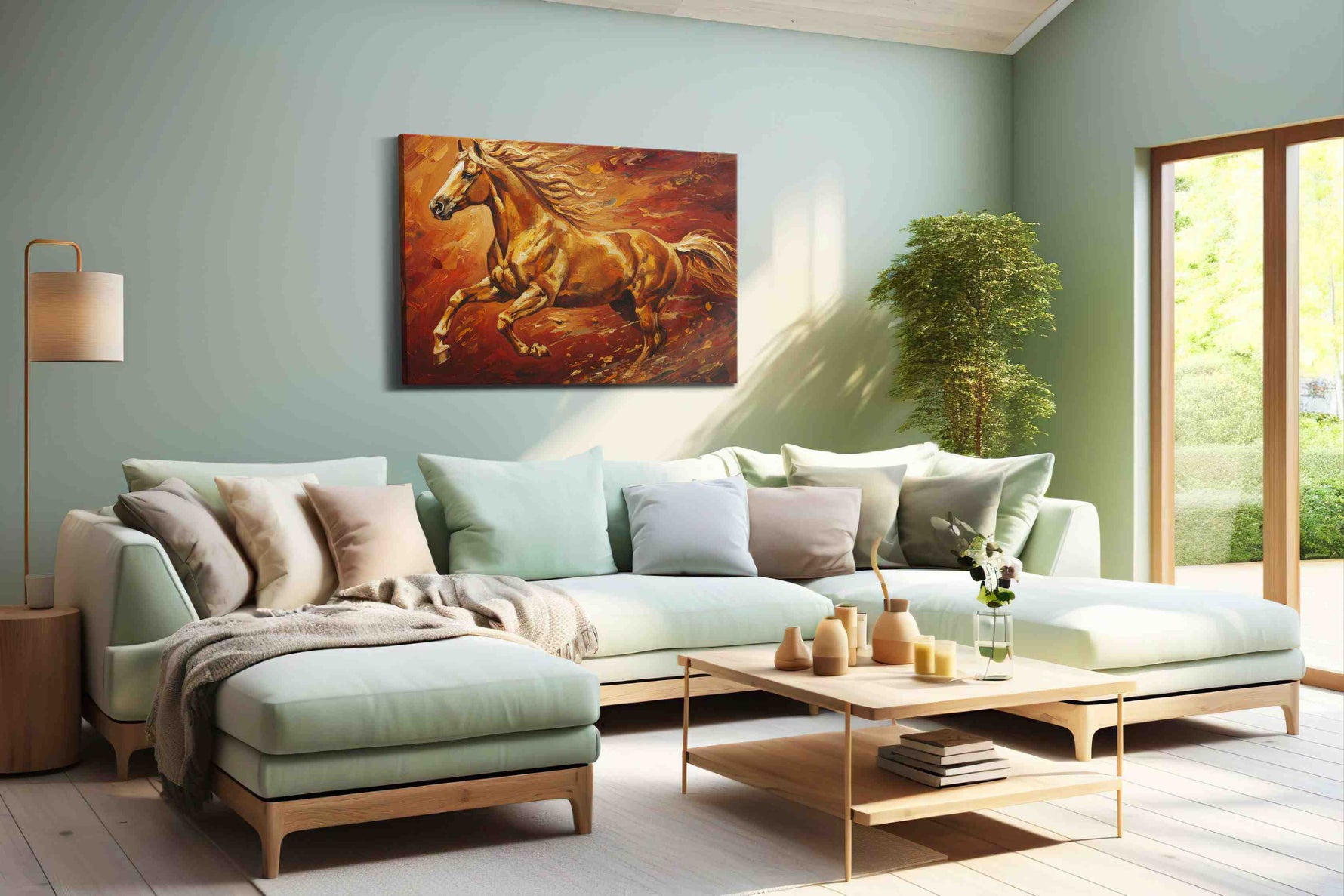 Spirit of the Fiery Stallion horses canvas print shown in a wall scene